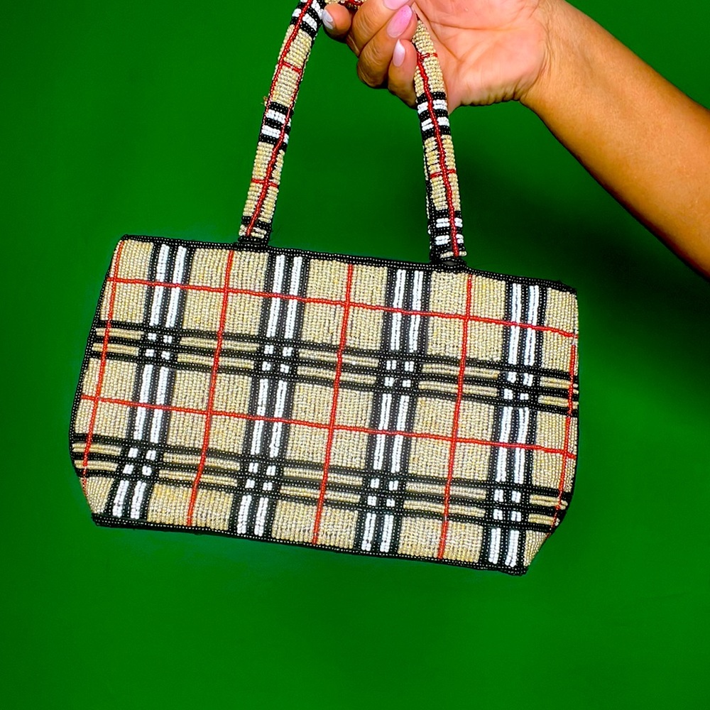 BEADED HANDBAG BLK, Cream, White & Red. Zip closure inside pocket.